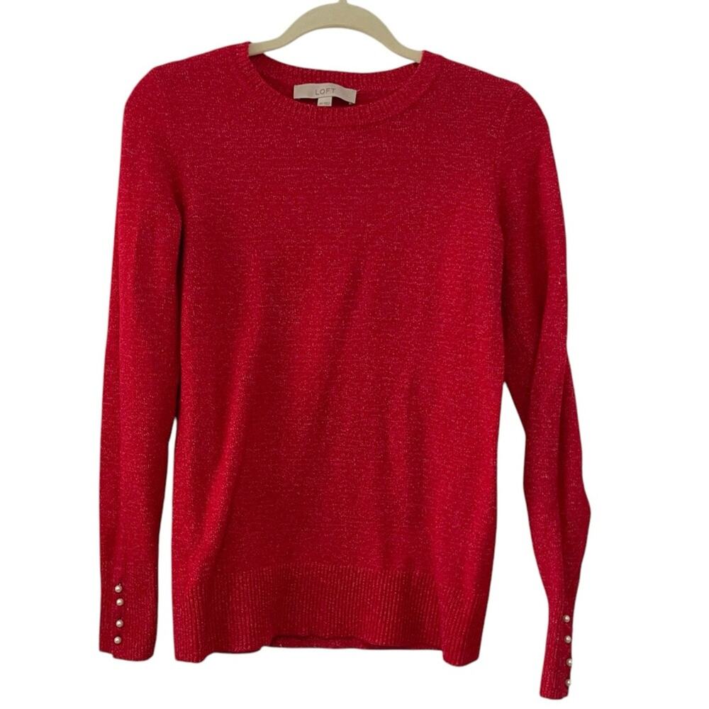 LOFT Metallic Red Sweater with Pearl Button Details | XS